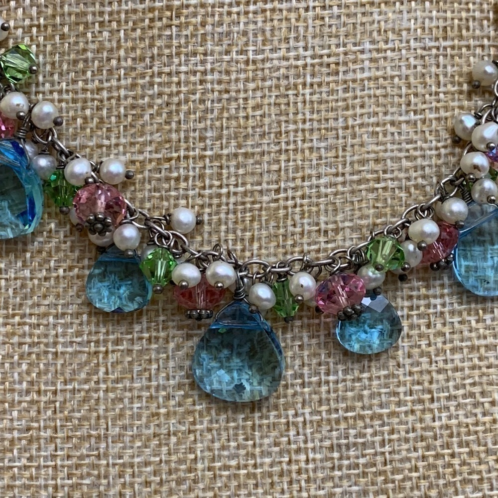 Silver Swarovski Faceted Crystal Faux Pearl Beaded 925 Statement Necklace - Picture 2 of 16